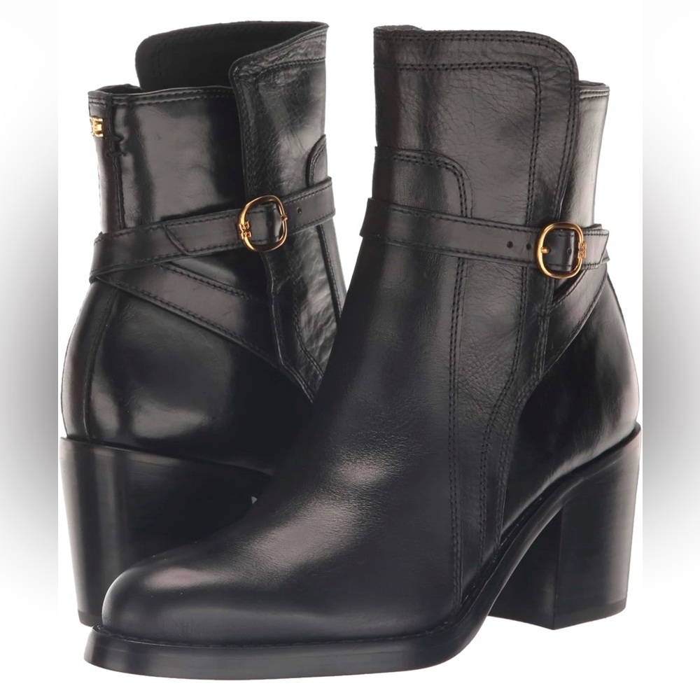 NIB Sam Edelman Simona Black Leather Block Heel Booties Size 9